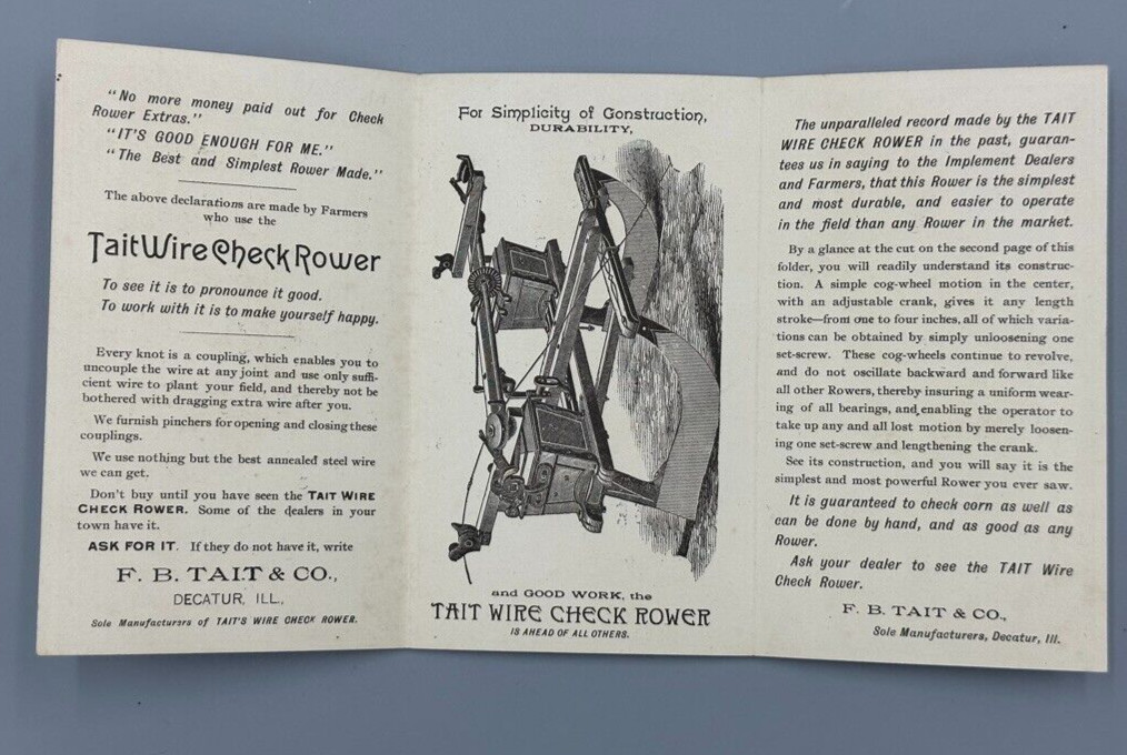 1880s TAITs WIRE Check Rower FARM Advertising Folding Trade Card DECATUR Ill