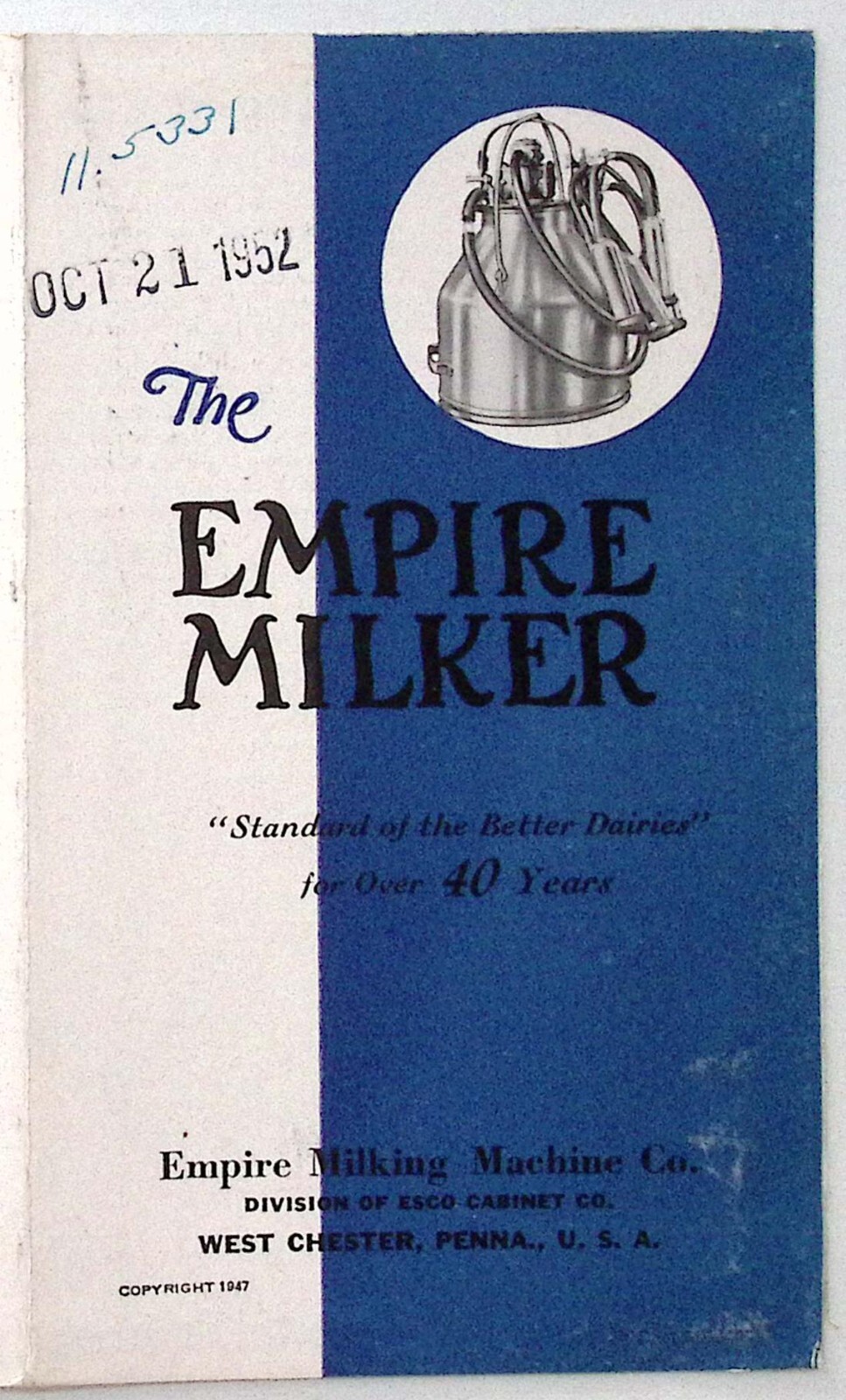 1952 Empire Milker Empire Milking Machine West Chester PA Fold Out Brochure
