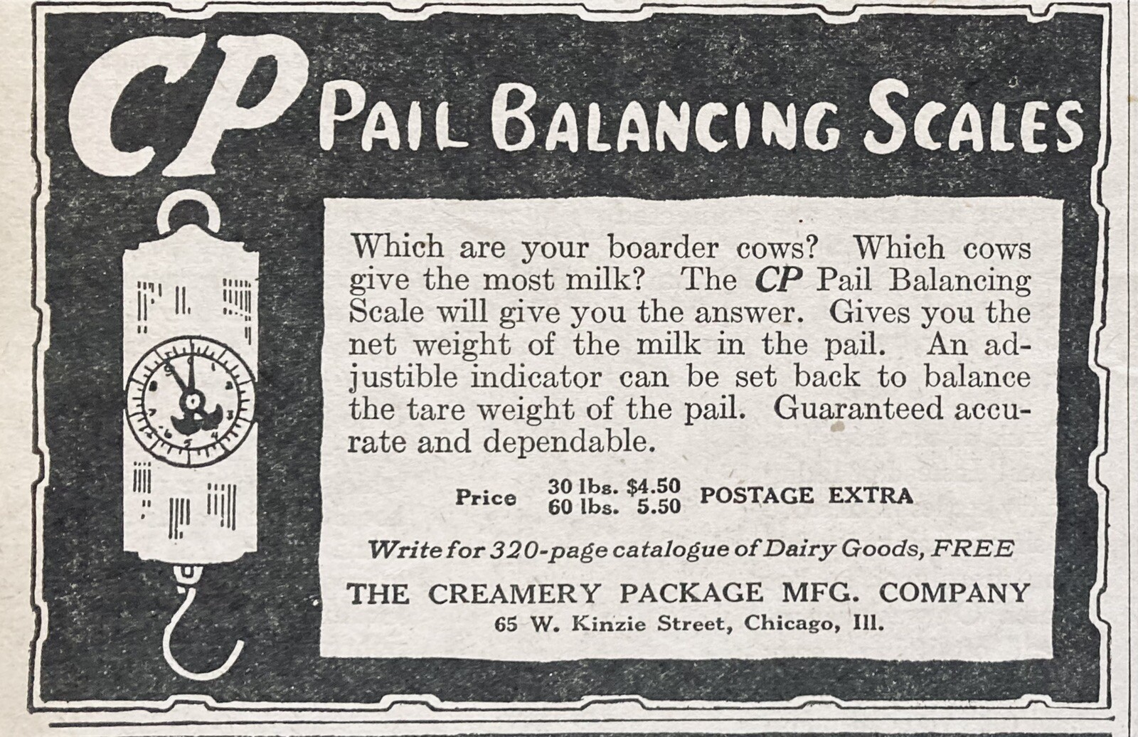 1926 AD(XH33)~CREAMERY PACKAGE MFG. CO. CHICAGO. CP PAIL BALANCING SCALES
