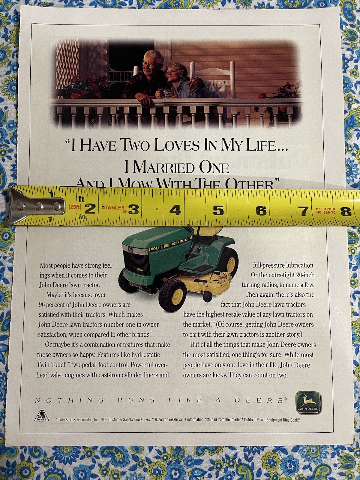 Vintage 90’s John Deere Garden Tractor Print Ad Two Loves In My Life