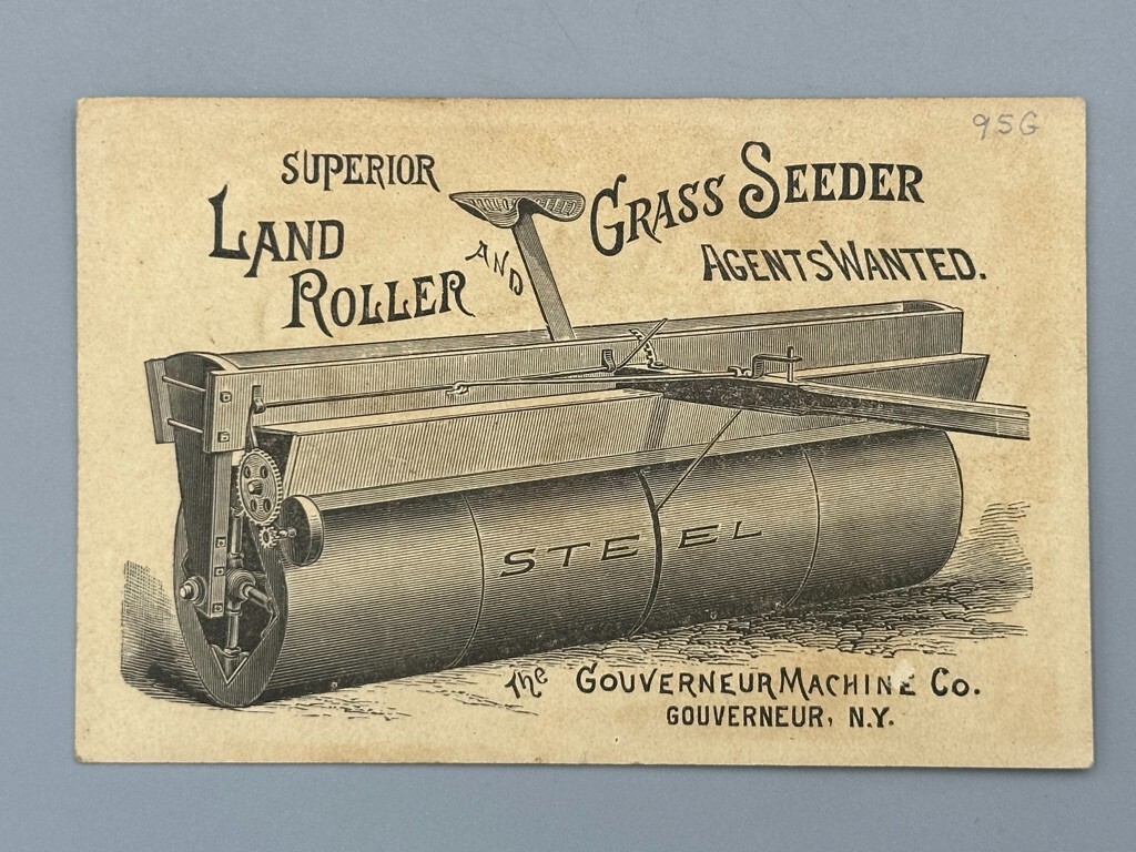 1880s SUPERIOR LAND ROLLER Grass Seeder Farm Advertise Trade Card GOUVERNEUR NY