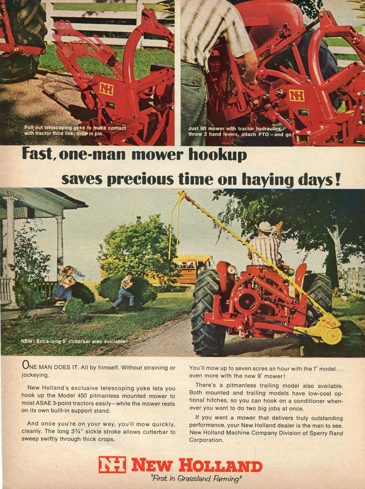 1966 Print Ad of Sperry Rand New Holland 450 Farm Tractor Mower
