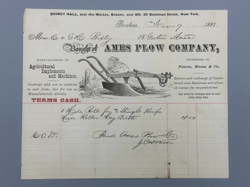 1881 AMES PLOW Company BOSTON Receipt Antique FARM Advertising
