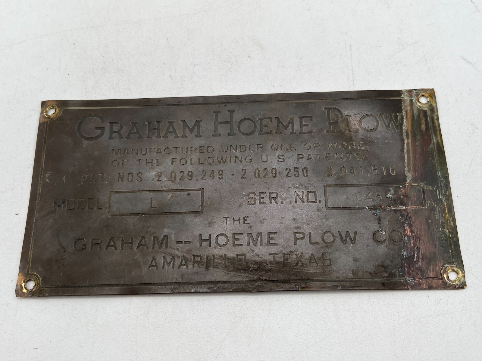 Vintage Graham Hoeme Plow Co. Amarillo, Texas TX Model L Brass Tag / Plate