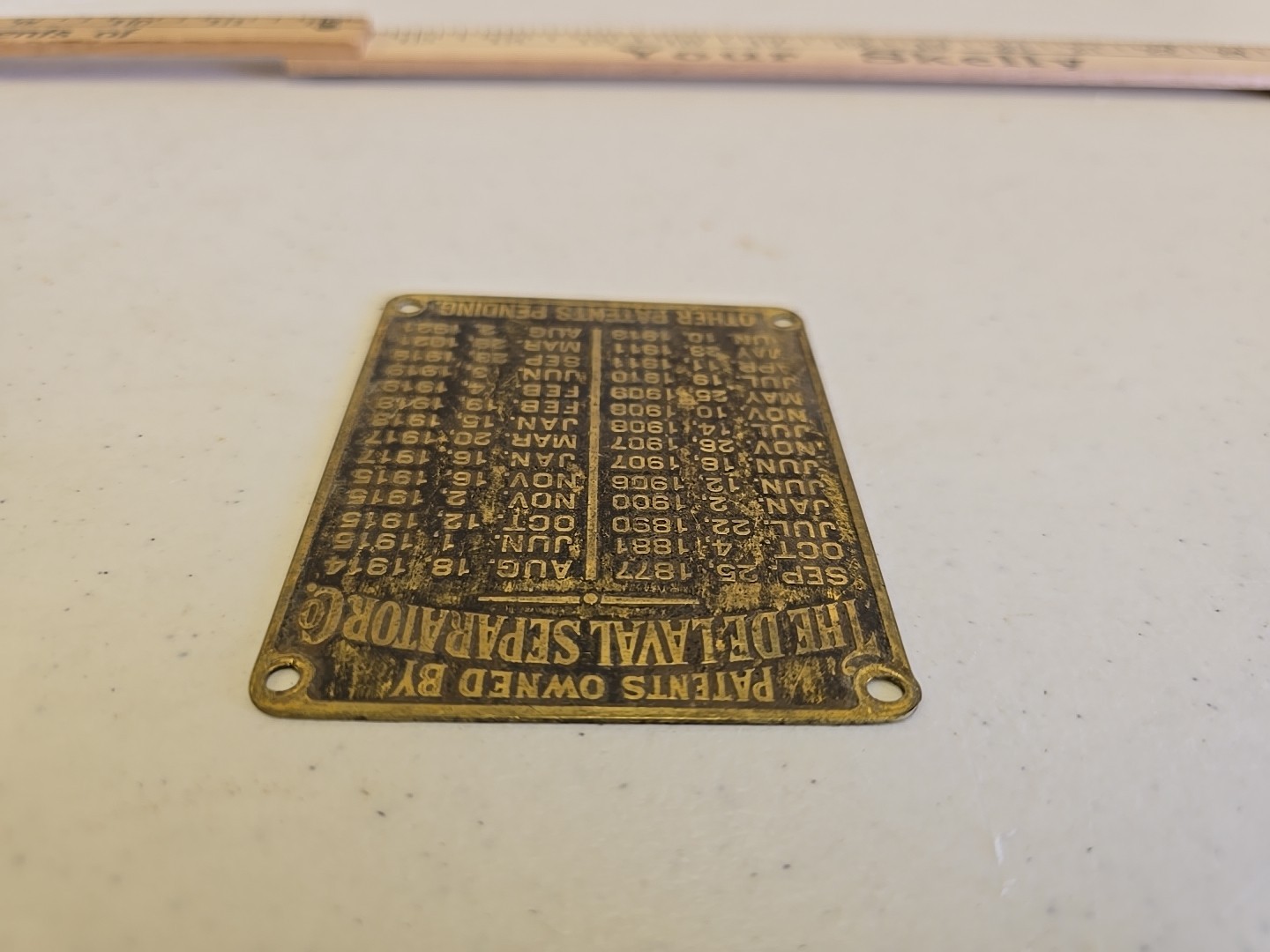 Antique De Laval Seperator Co Advertising 1921 Brass Patent List Badge Emblem