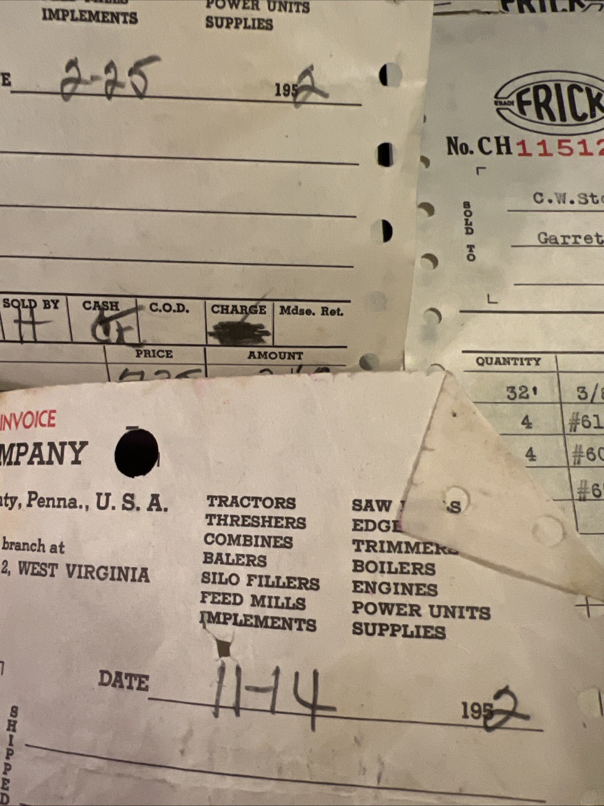 frick company waynesboro pa Invoices 1952