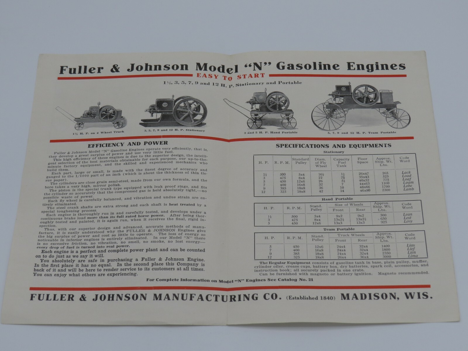 Vintage Fuller & Johnson Model N Gasoline Engines brochure Catalog Hit Miss ORIG