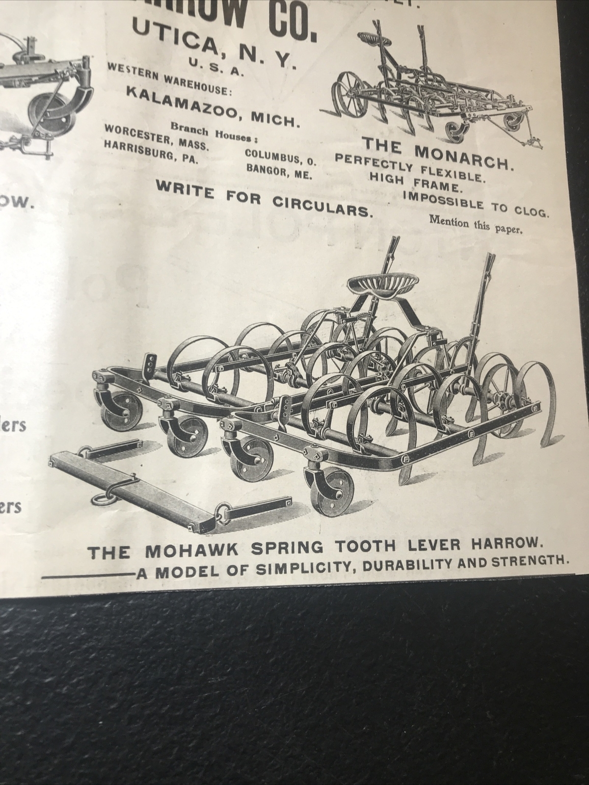 ORIGINAL 1900 The Standard Harrow Co. Farm Advertising – Utica – New York