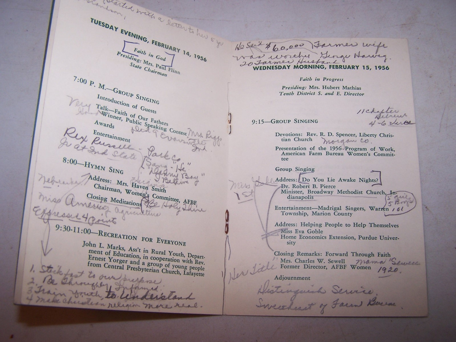 1956 INDIANA FARM BUREAU Social & Educational Conference Program INDIANAPOLIS