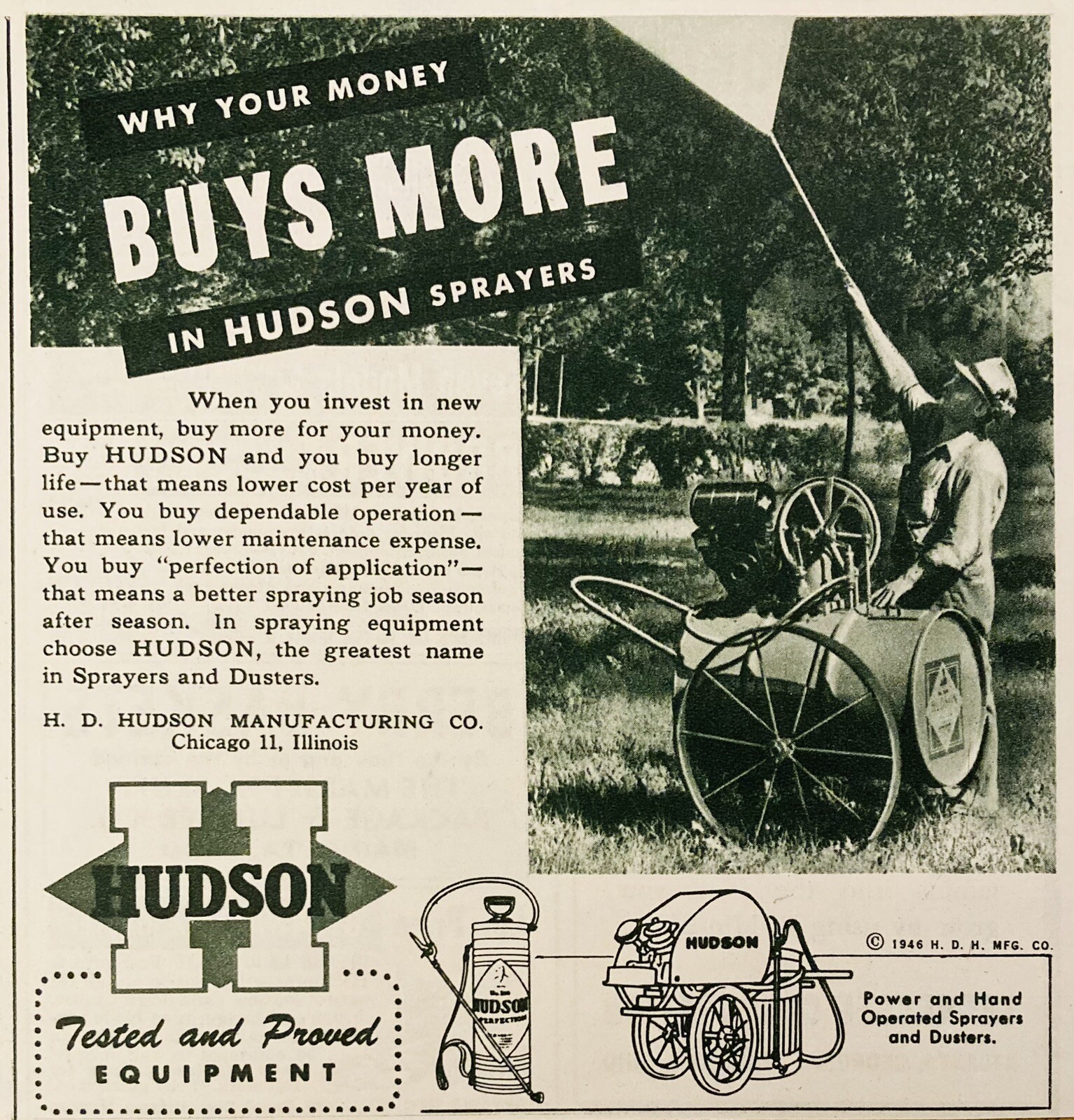 1946 AD.(XH80)~H.D. HUDSON MFG. CO. CHICAGO. HUDSON ORCHARD SPRAYERS