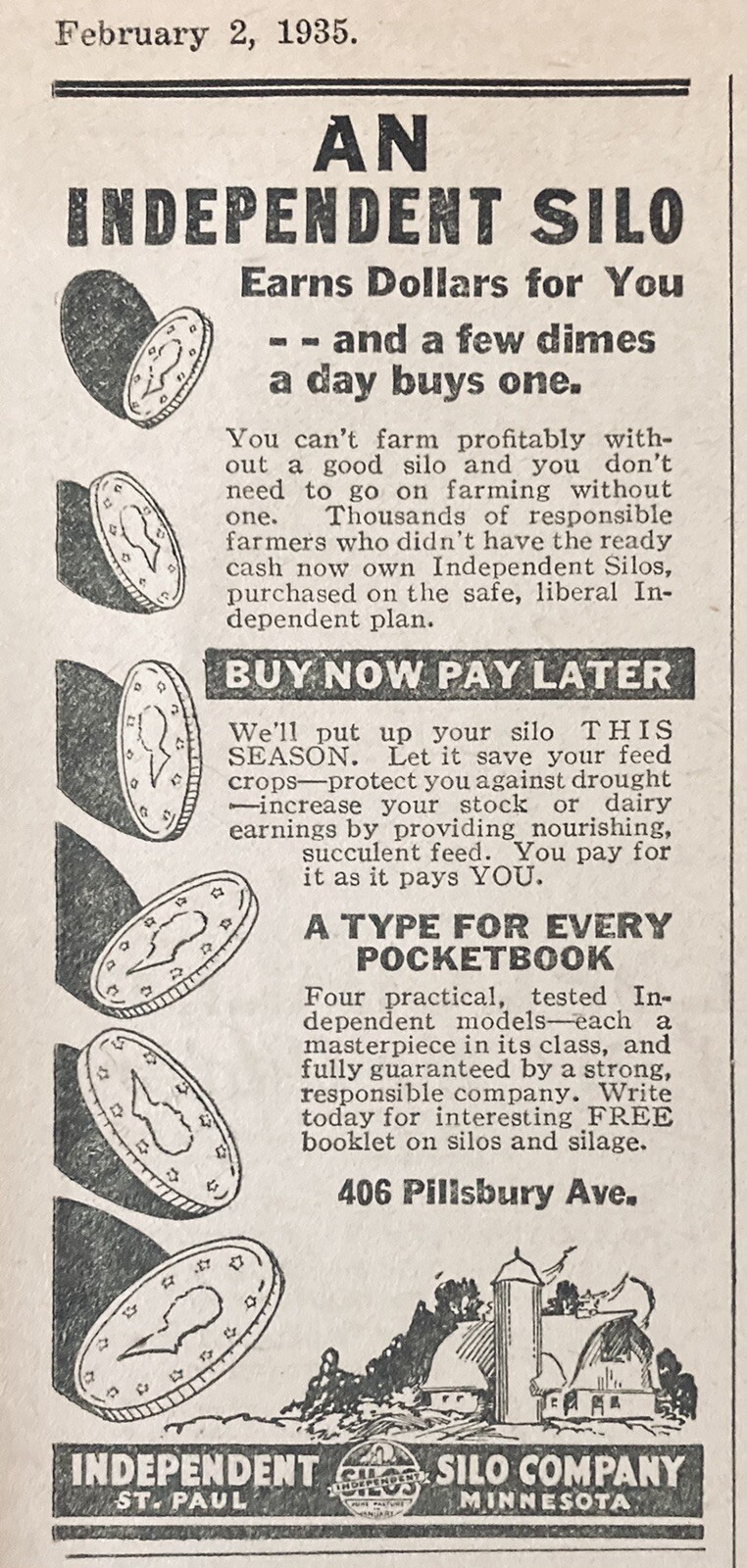 1935 AD.(XH19)~INDEPENDENT SILO CO. ST. PAUL, MINN.