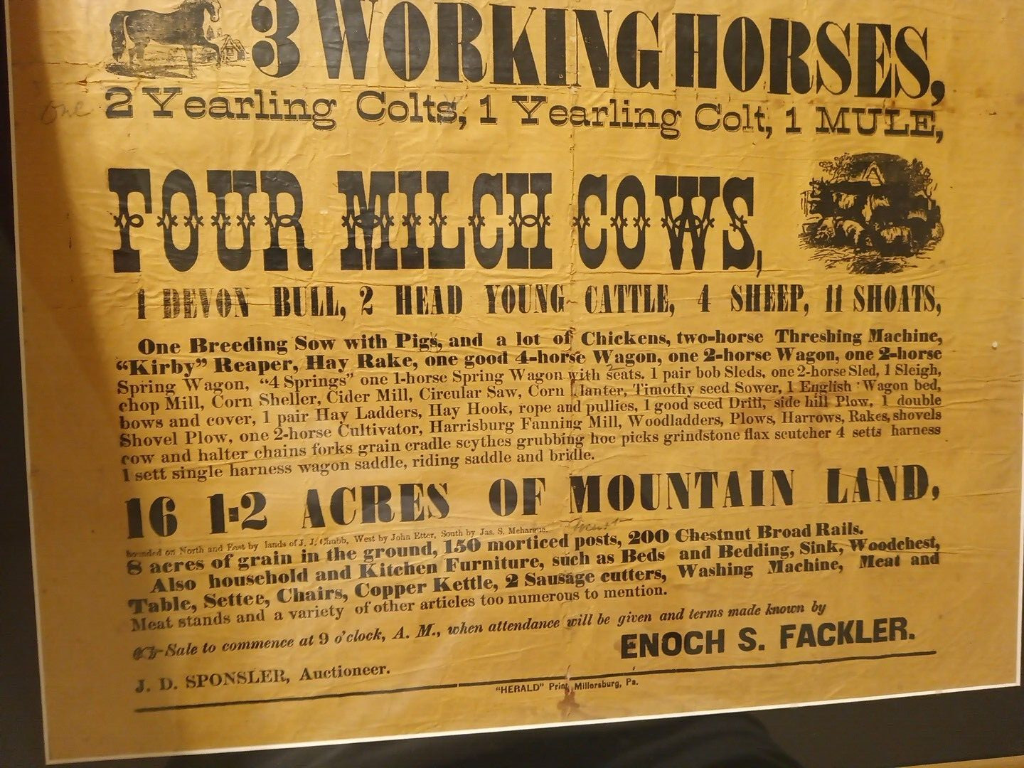 1876 Public Farm Sale Framed Auction Notice, Halifax Township, Pennsylvania