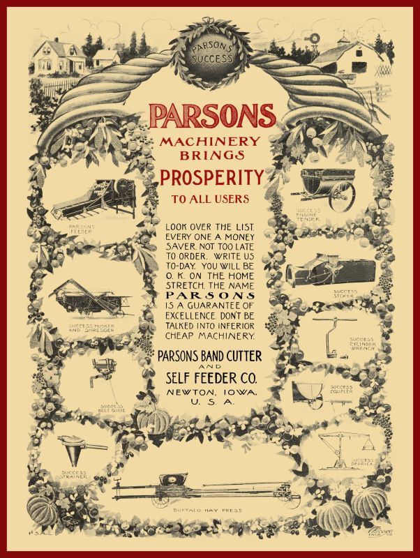 1905 Parsons Band Cutter & Self Feeder Equipment NEW Metal Sign: Newton, Iowa
