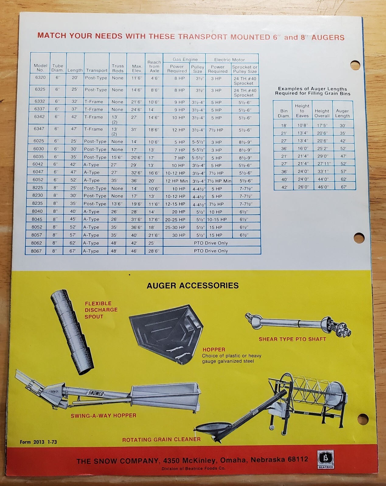 Snow Company Snowco Augers Challenger 6&Prime; and 8&Prime; Omaha NE Sales Pamphlet Brochure