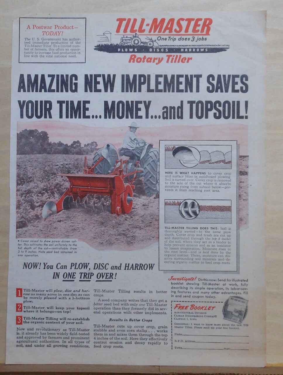 1942 newspaper ad for Till-Master Rotary Tiller – One Trip Does Three Jobs