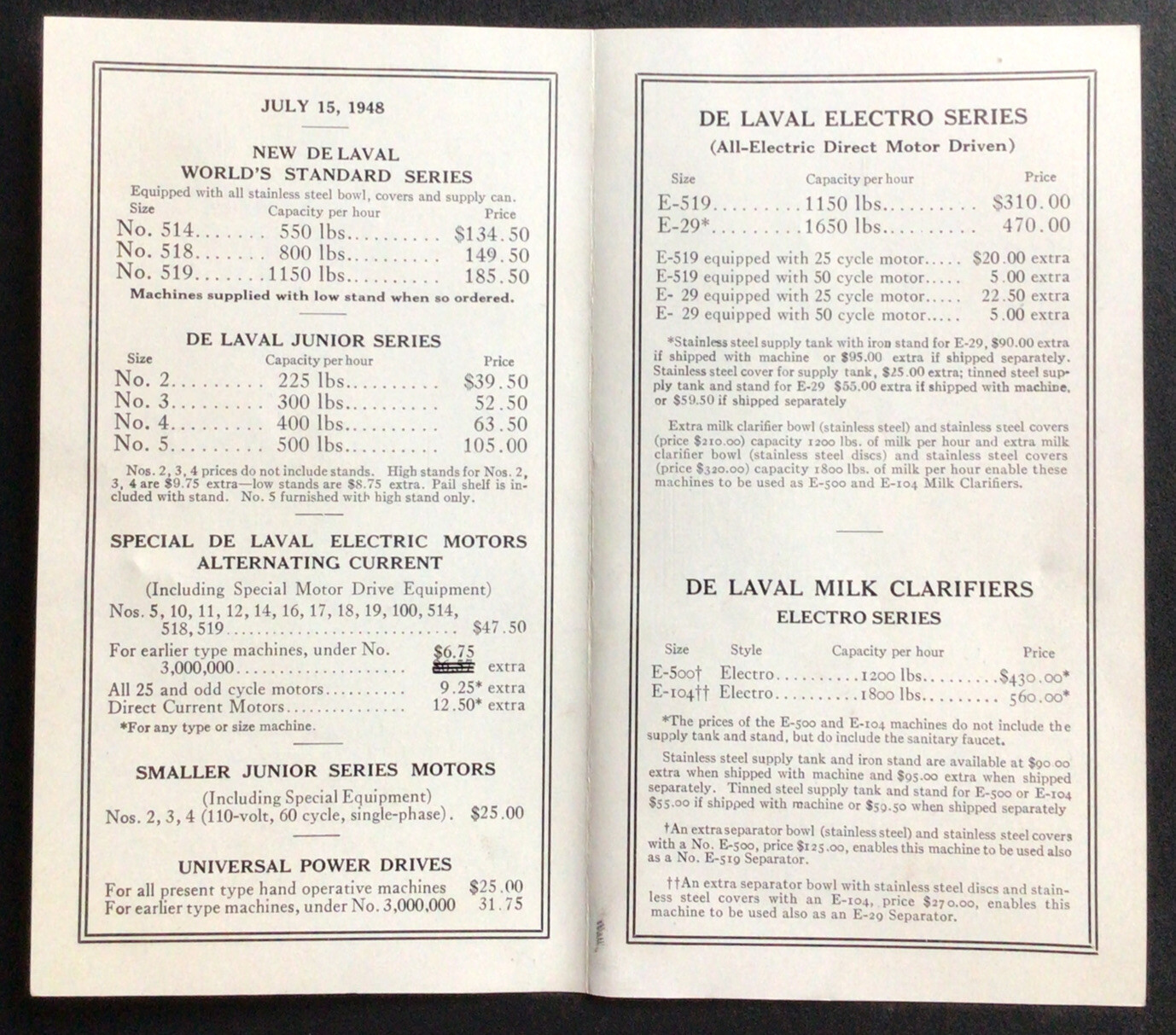 1948 De Laval Cream Separators Prices Series and Sizes Brochure List