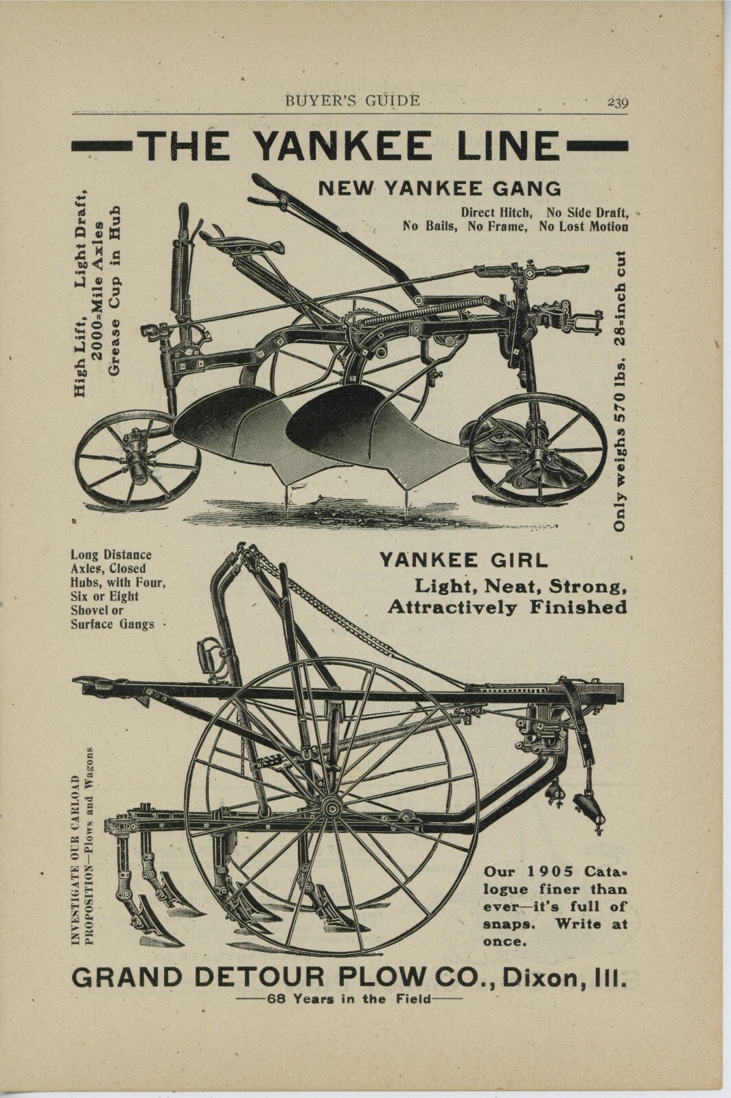 1905 Grand Detour Plow Yankee Line Dixon Illinois Ad: REV is South Bend Plow