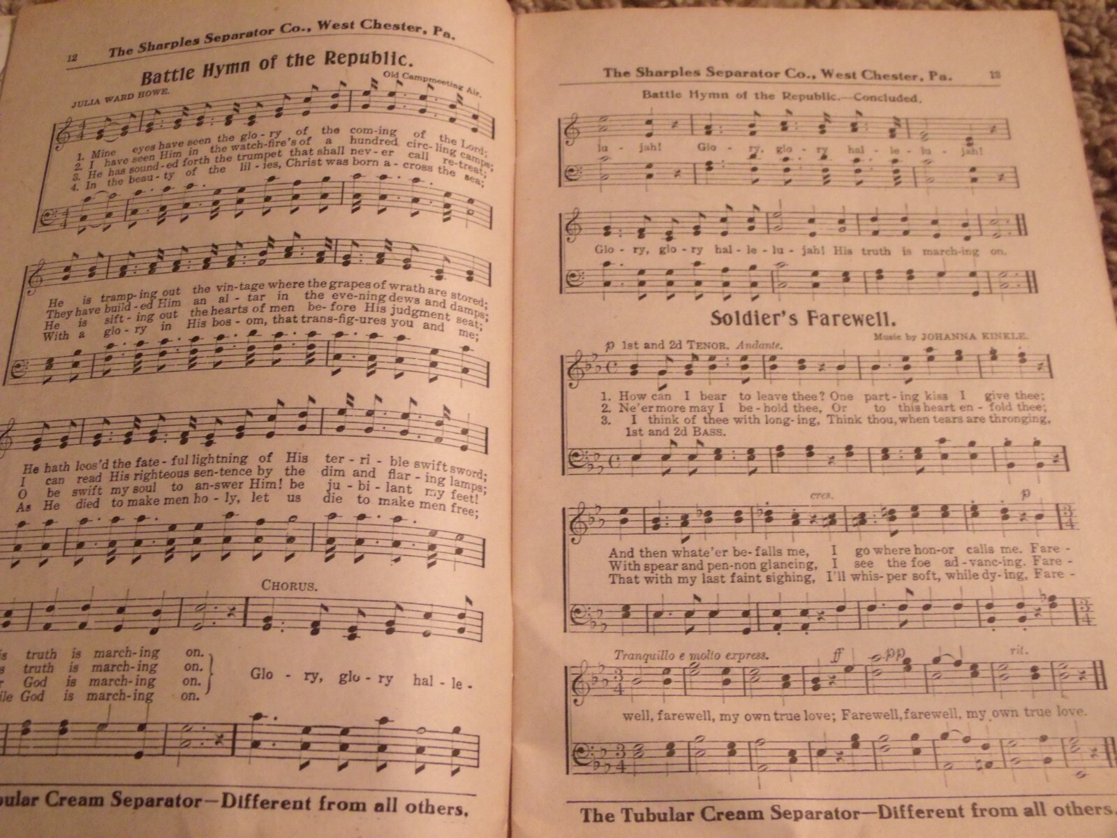 SHARPLES SEPARATOR CO. PENNSYLVANIA OLD TIME SONG BOOK ADVERTISEMENT ADS MUSIC