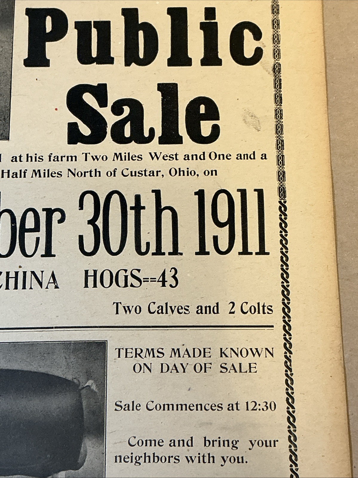 Antique 1911 Original Auction Poster China Hog Public Sale Ohio As Is INV-AC07Z