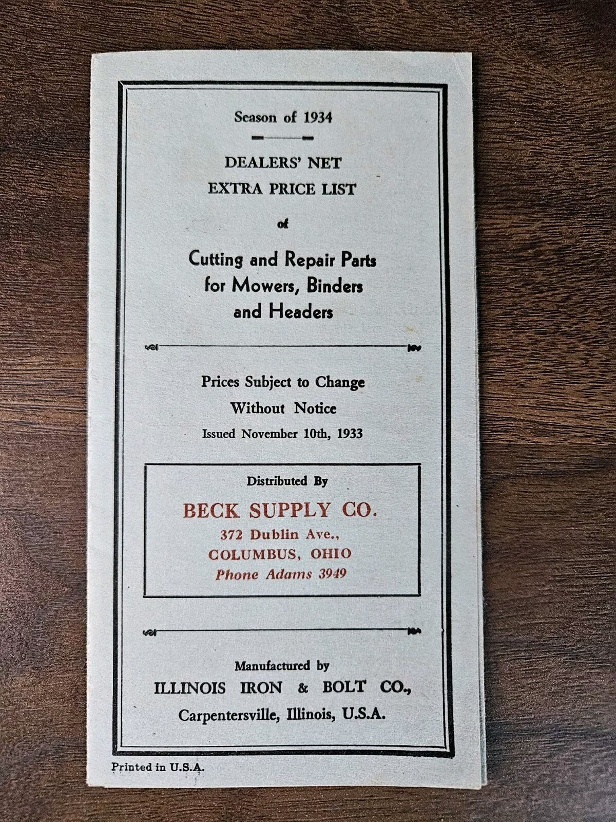 Antique 1934 Dealers Price List Brochure Beck Supply Company Columbus Ohio