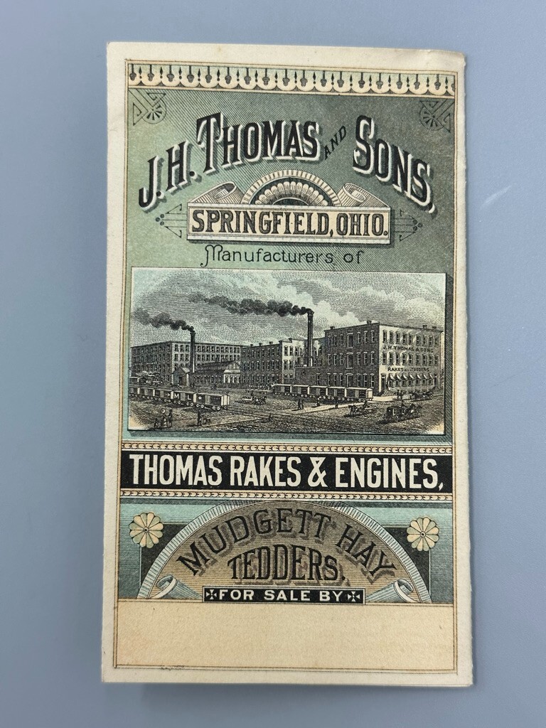 1880s JH THOMAS FARM Machinery ENGINES Advertise Fold Trade Card SPRINGFIELD OH