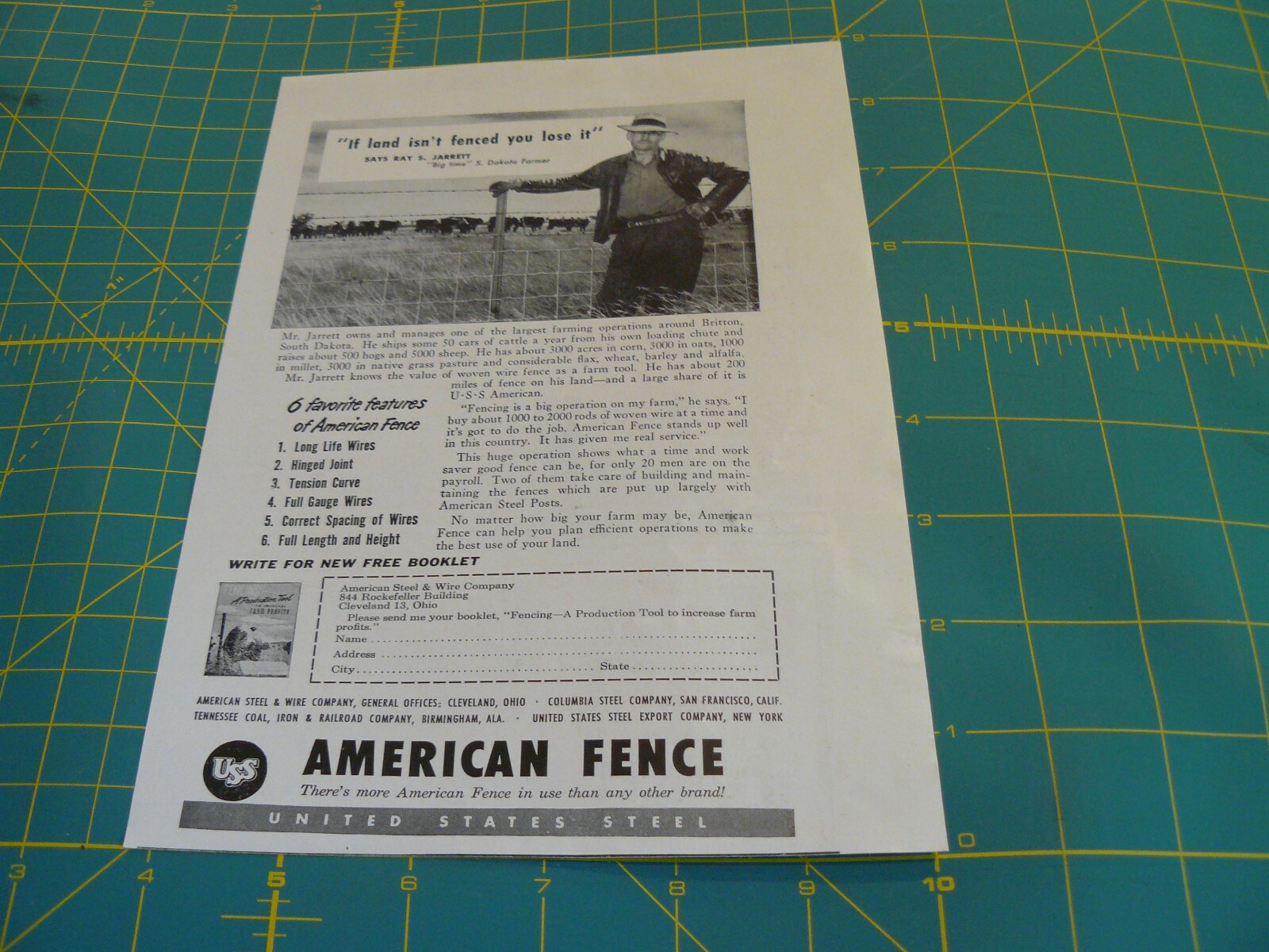 THE FARM QRTLY- AUTUMN 1951 -ad- AMERICAN FENCE- US STEEL / Cleveland, Ohio