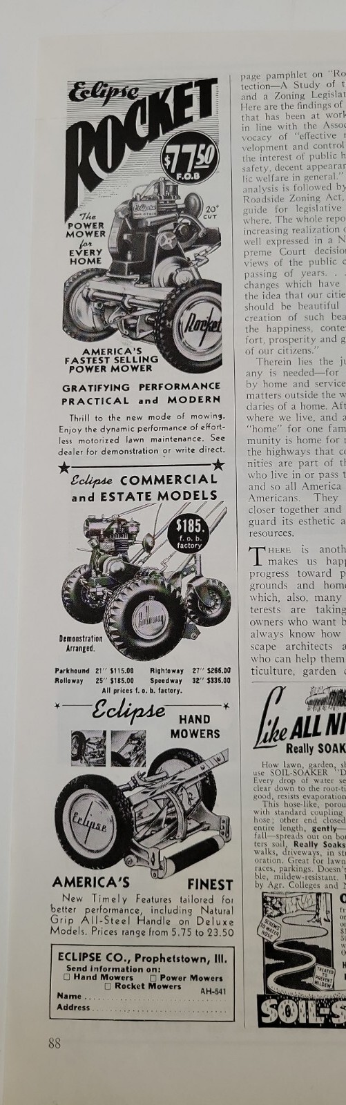 1941 Eclipse lawn mower rocket estate and hand models vintage ad