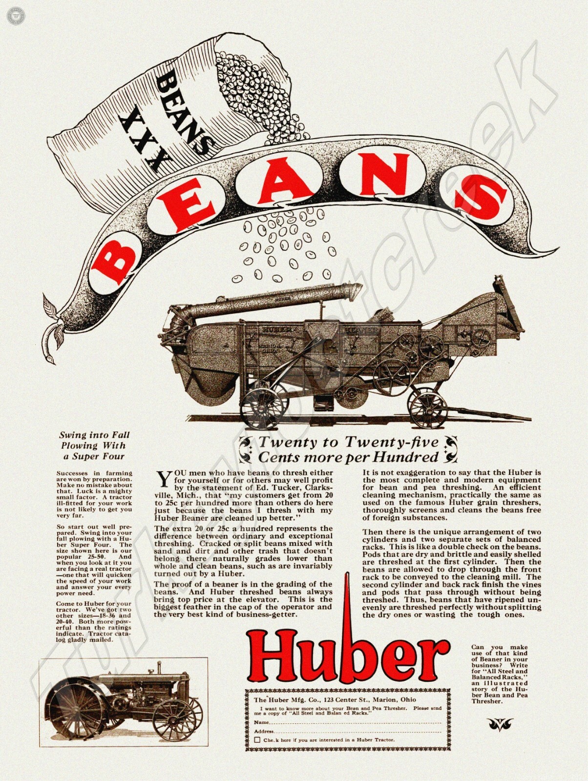 Huber Tractor Beans Ad 9&Prime; x 12&Prime; Metal Sign