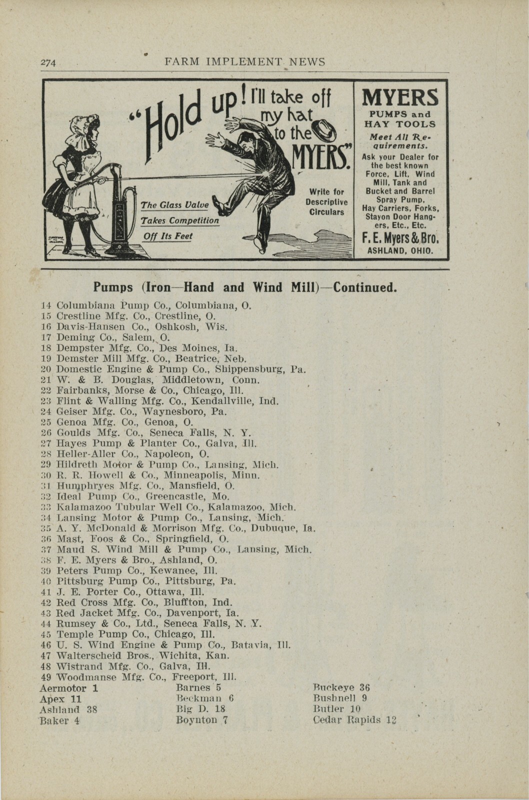 1905 Hayes Pump & Planter Co. Galva, Illinois Ad: REV is FE Myers Ashland, OhiO