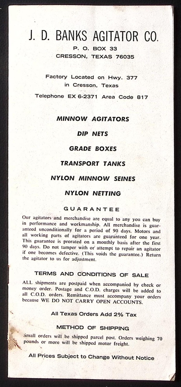 VINTAGE CRESSON TX J.D. BANKS AGITATOR CO PRODUCT CATALOG MINNOW SUPPLIES Z1264