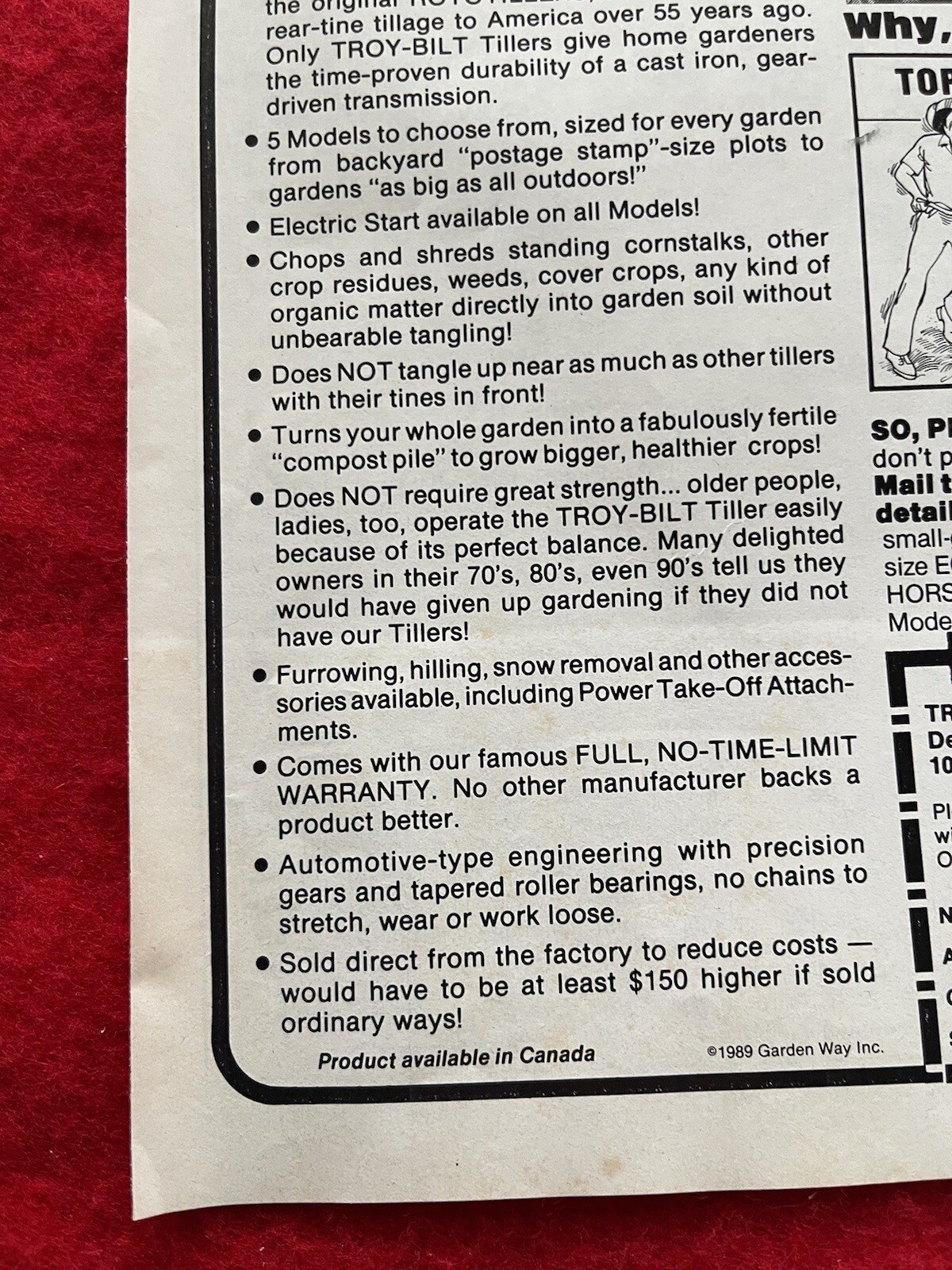 Vintage 1989 Troy Bilt Tiller Print Ad “use one hand”