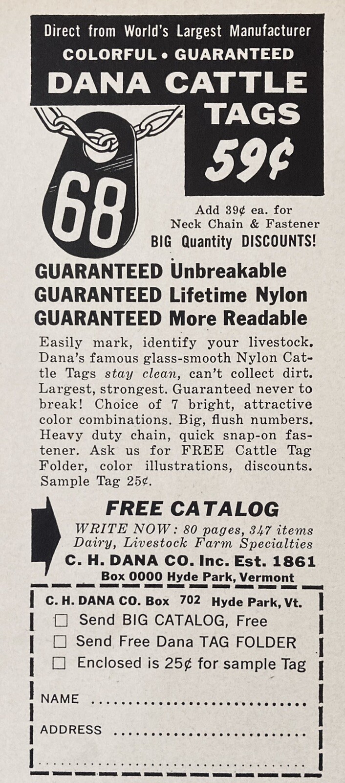 1965 AD.(XH27)~C.H. DANA CO. HYDE PARK, VERMONT. DANA CATTLE TAGS