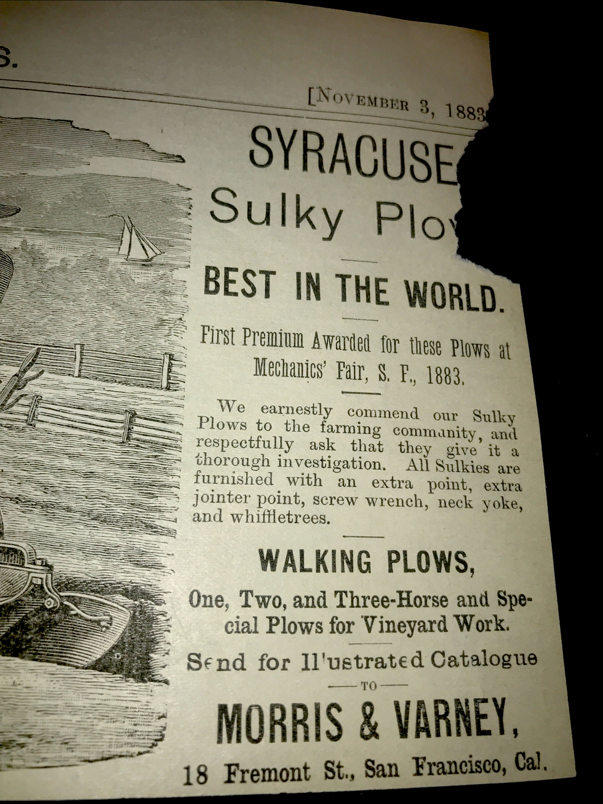 1883 Syracuse Sulky Plow Farm Engraving Advertising – San Francisco – California