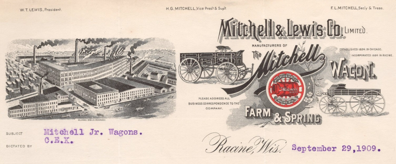 1909 Mitchell & Lewis Wagon Manufacturer Racine WI Illustrated Letterhead BH1-10
