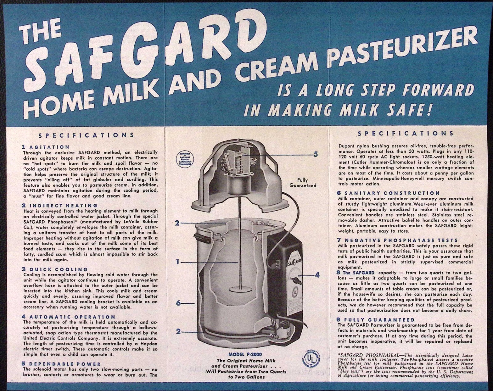 Safguard Home Mils & Cream Pasteurizer Model P-2000 Brochure Globe Milker Co