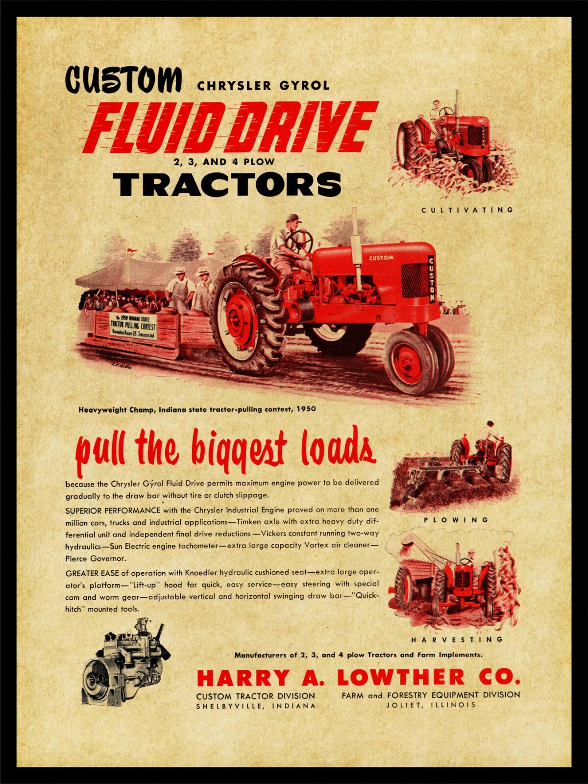 1951 Custom Tractors NEW Metal Sign: Harry A. Lowther Co. Shelbyville – Lg. Size