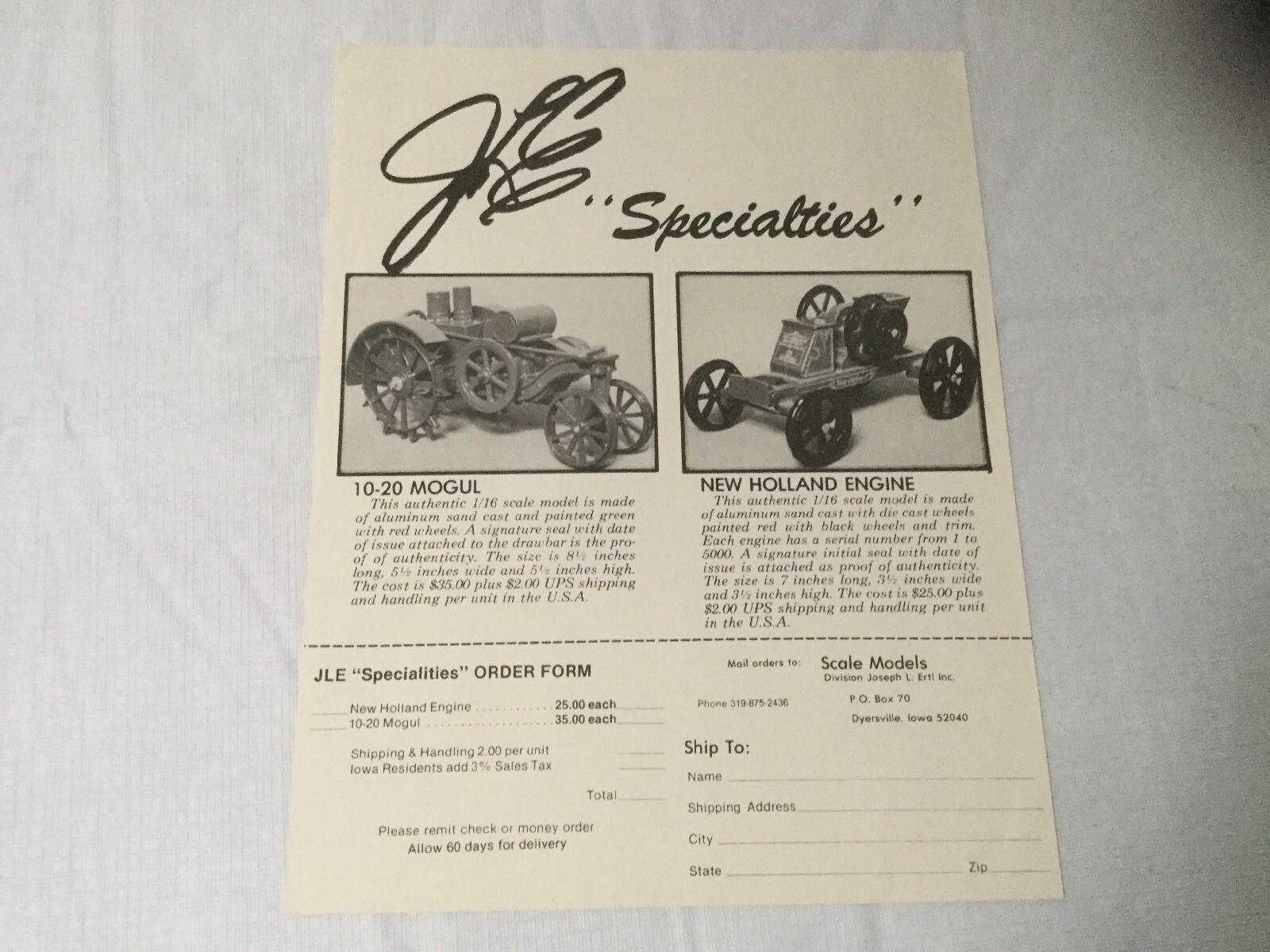 Joseph L. Ertl Scale Models Collectors Series NO. 9, 8, 7, 6, 5 Sales Brochure