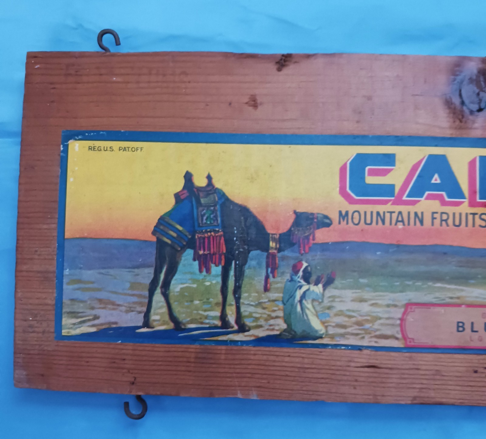 Vintage CAMEL Mountain Fruits Placer County Wood Crate Piece Blue Anchor