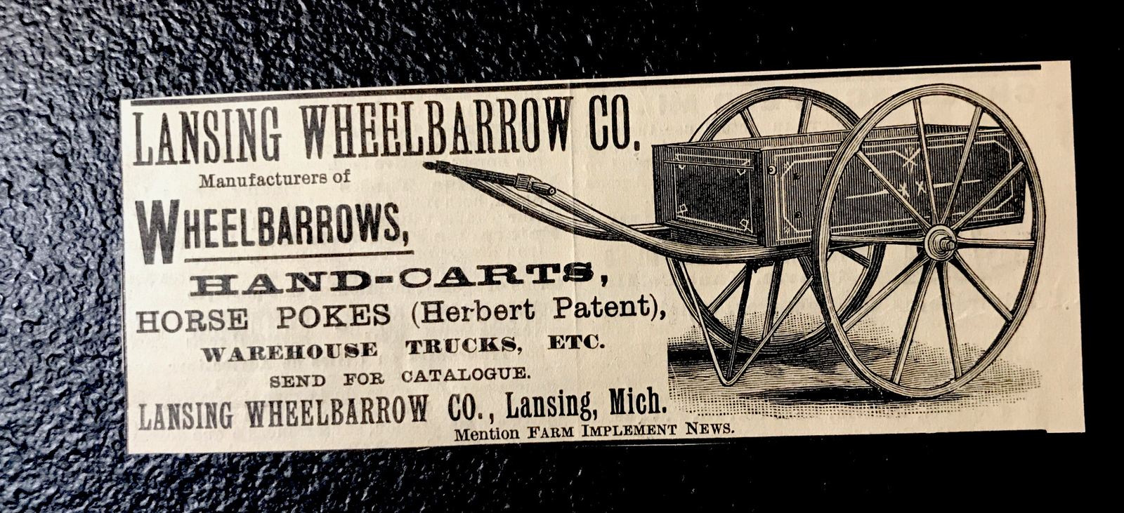 1886 Lansing Wheelbarrow Co Farm Engraving Advertising – Lansing – Michigan