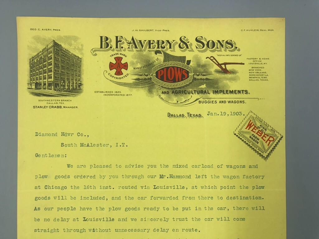 1903 B F AVERY PLOWS Letter FARM Advertising DALLAS TEXAS Delivery by RAILROAD