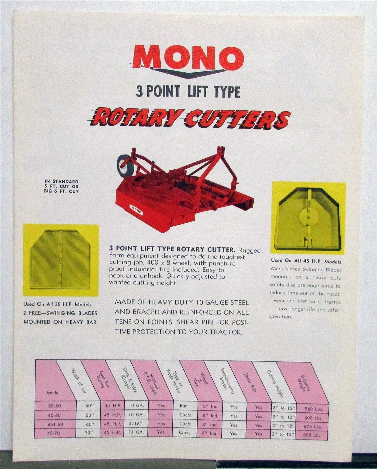 1950s Mono 3 Point Lift Rotary Cutters Specs Agricultural Sales Folder