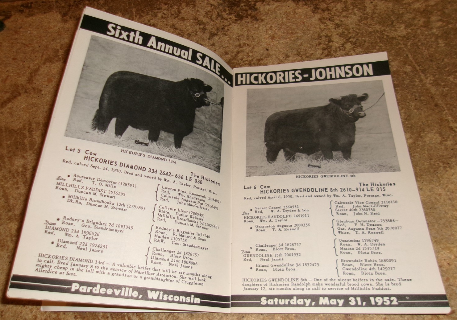 1952 may 31 hickories-johnson pardeeville,wi. shorthorn cattle sale booklet used