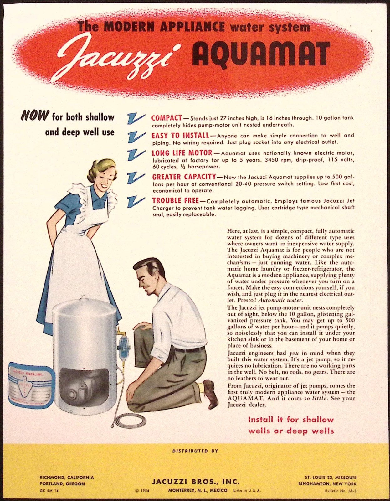 1954 Jacuzzi Aquamat Complete One Unit Water System Brochure Monterrey Mexico