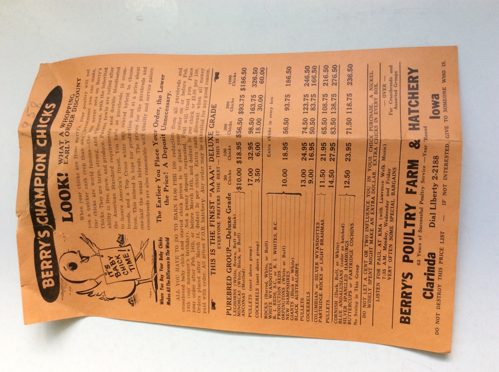 1956-58 Berry’s Farm & Hatchery Chick & Poultry Brochures W/Prices Clarinda Iowa