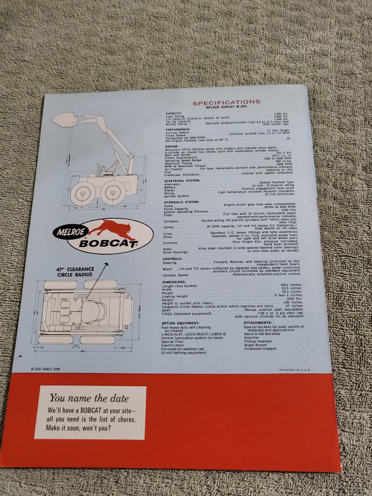 Vintage 1967 BROCHURE Melroe Bobcat Skid Steer Loader M600 25hp Wisconsin engine