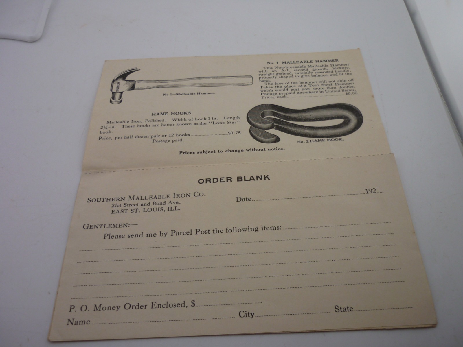 1920s Southern Malleable Iron Co Farm Hardware Trade Catalog Order Blank IL