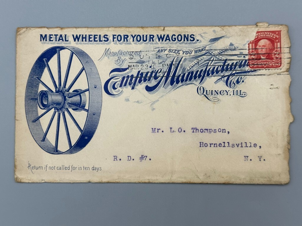 1904 EMPIRE FARM WAGONS Advertising ILLUSTRATED Postal Cover Antique QUINCY IL