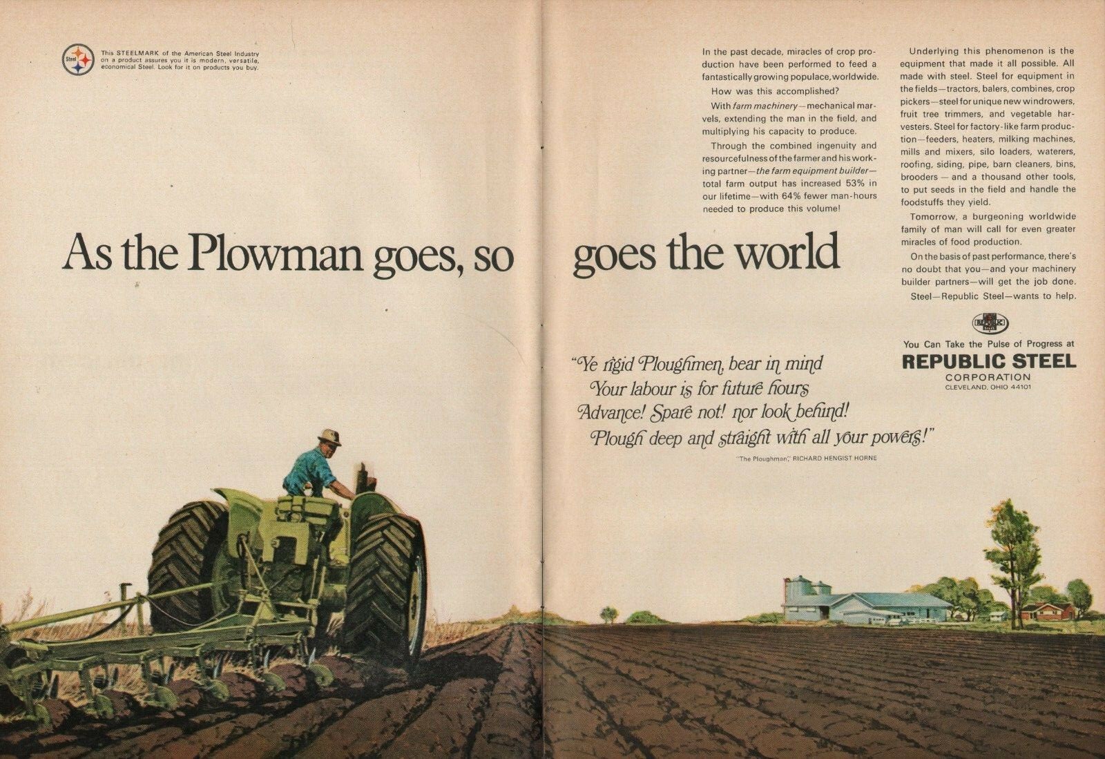 1967 2pg Print Ad of Republic Steel Tractor Farm Machinery The Ploughman poem