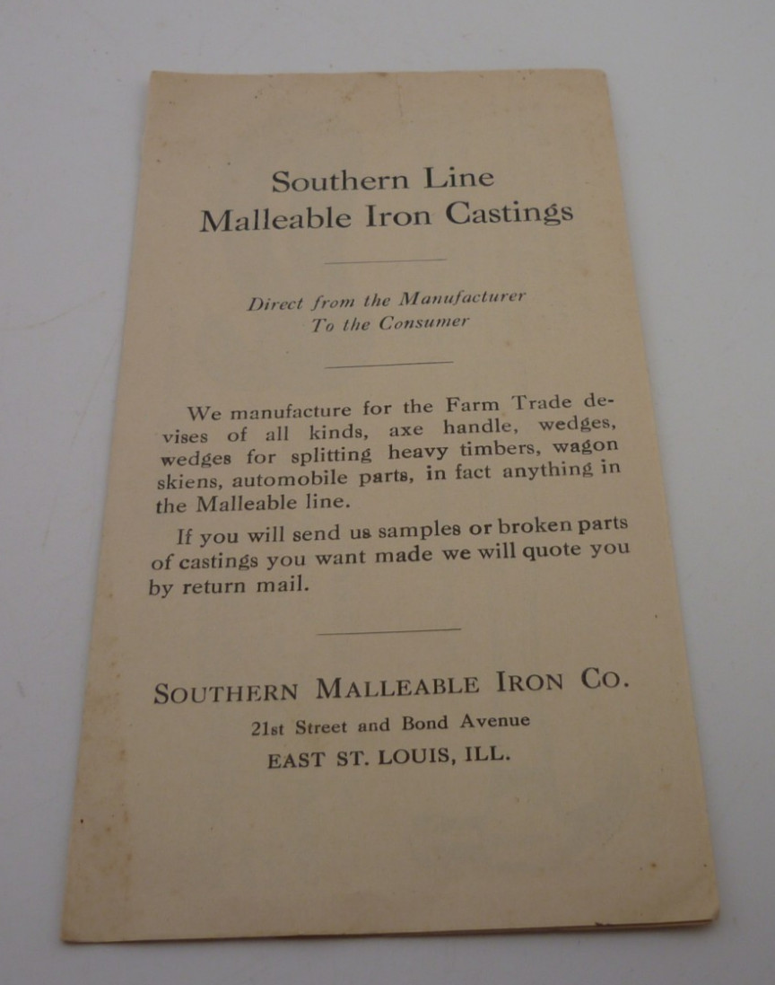1920s Southern Malleable Iron Co Farm Hardware Trade Catalog Order Blank IL
