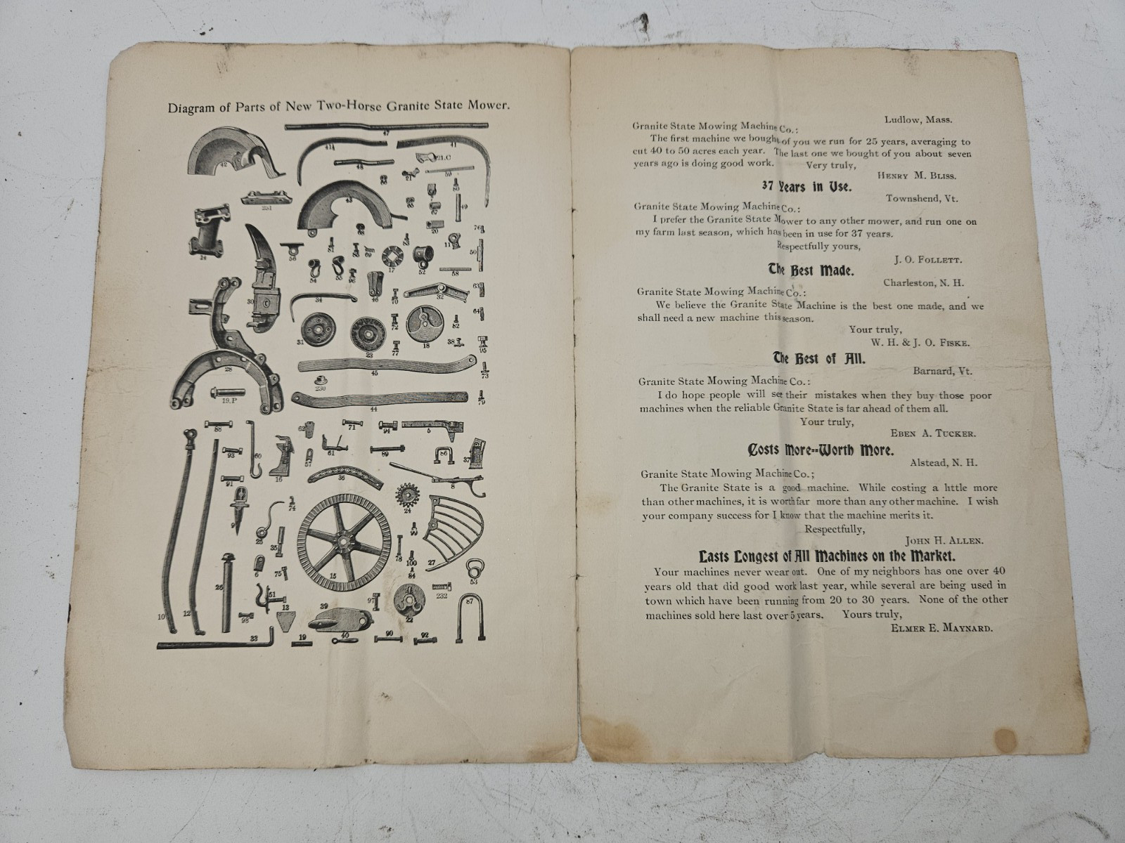 Antique Granite State mowing machines, Mowers parts & Sales catalogs and Wrench